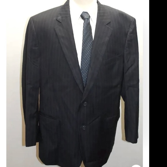 JOS A BANK Men Blazer 46R Black Striped 100% Wool Lined 2 Buttons - Picture 1 of 7